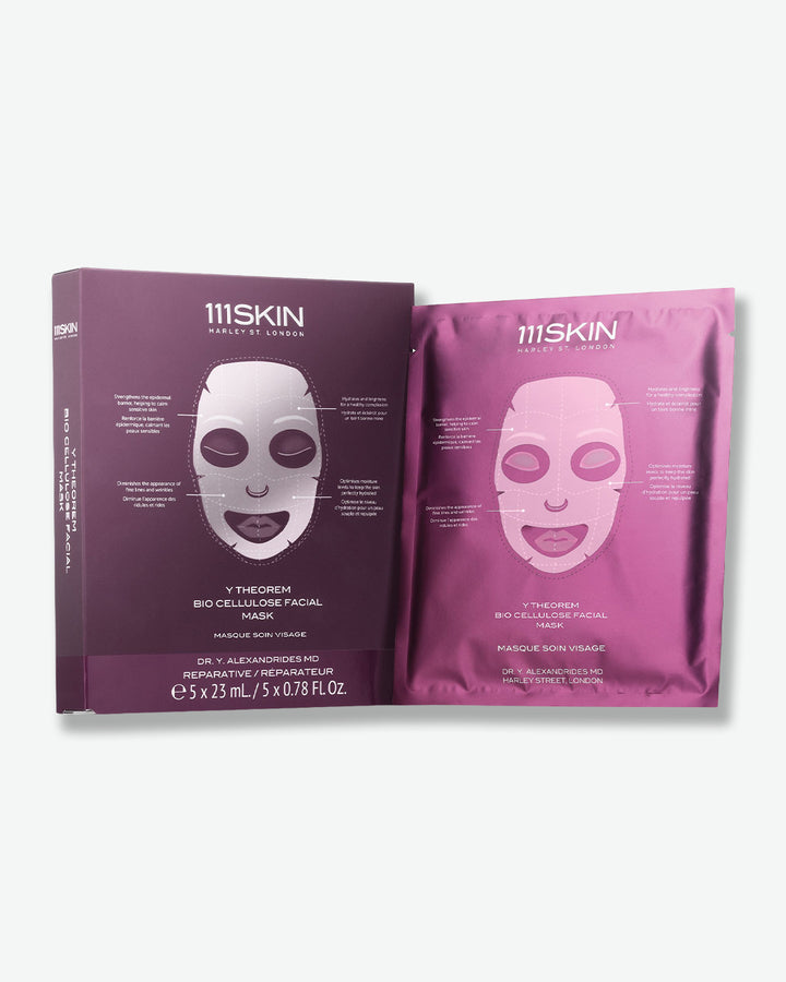 111SKIN facial mask packaging with purple box and pink sheet on a white background