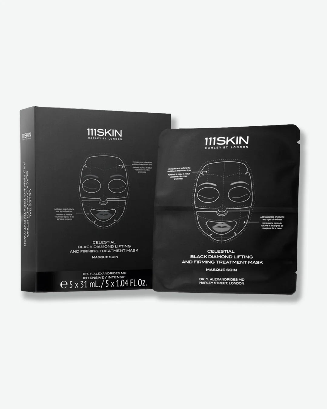 111SKIN Celestial Black Diamond Lifting and Firming Treatment Mask packaging  box stood next to a single pack of the mask on a white background