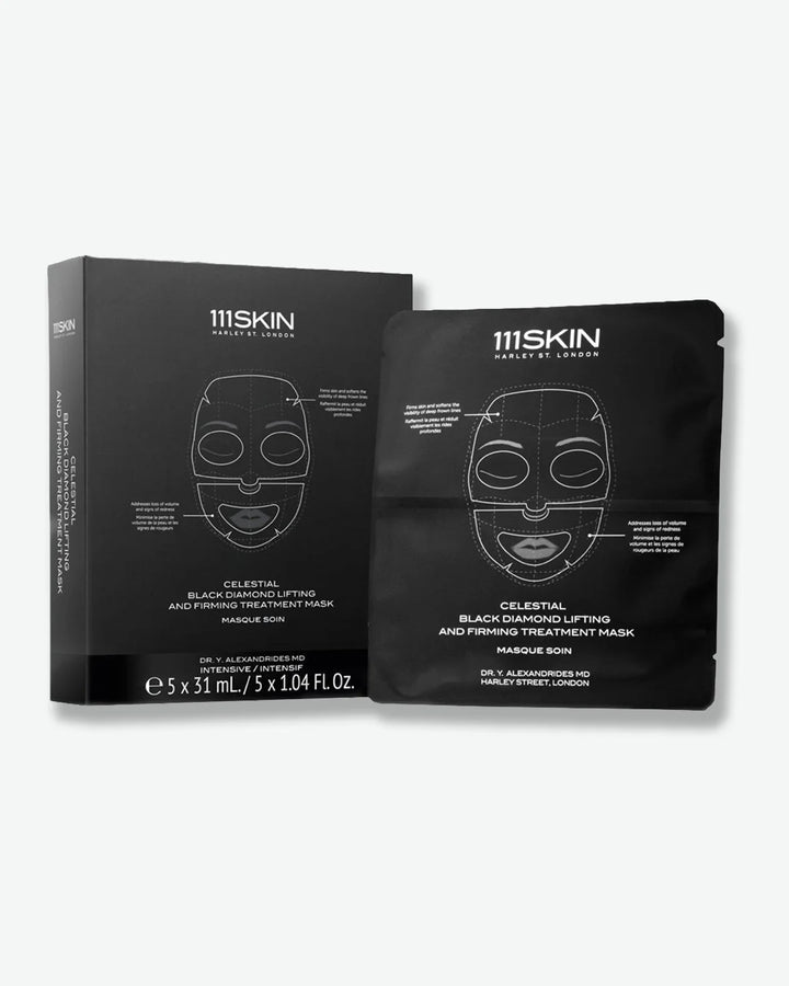 111SKIN Celestial Black Diamond Lifting and Firming Treatment Mask packaging  box stood next to a single pack of the mask on a white background