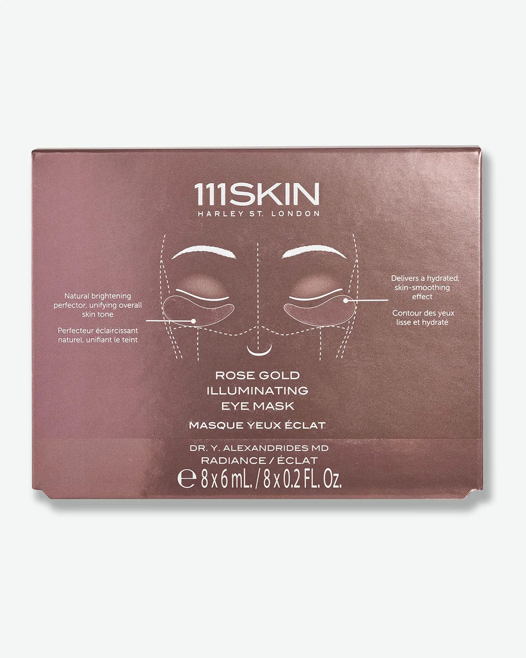 111SKIN Rose Gold Illuminating Eye Mask packaging box indicating 8 masks per box against a white background