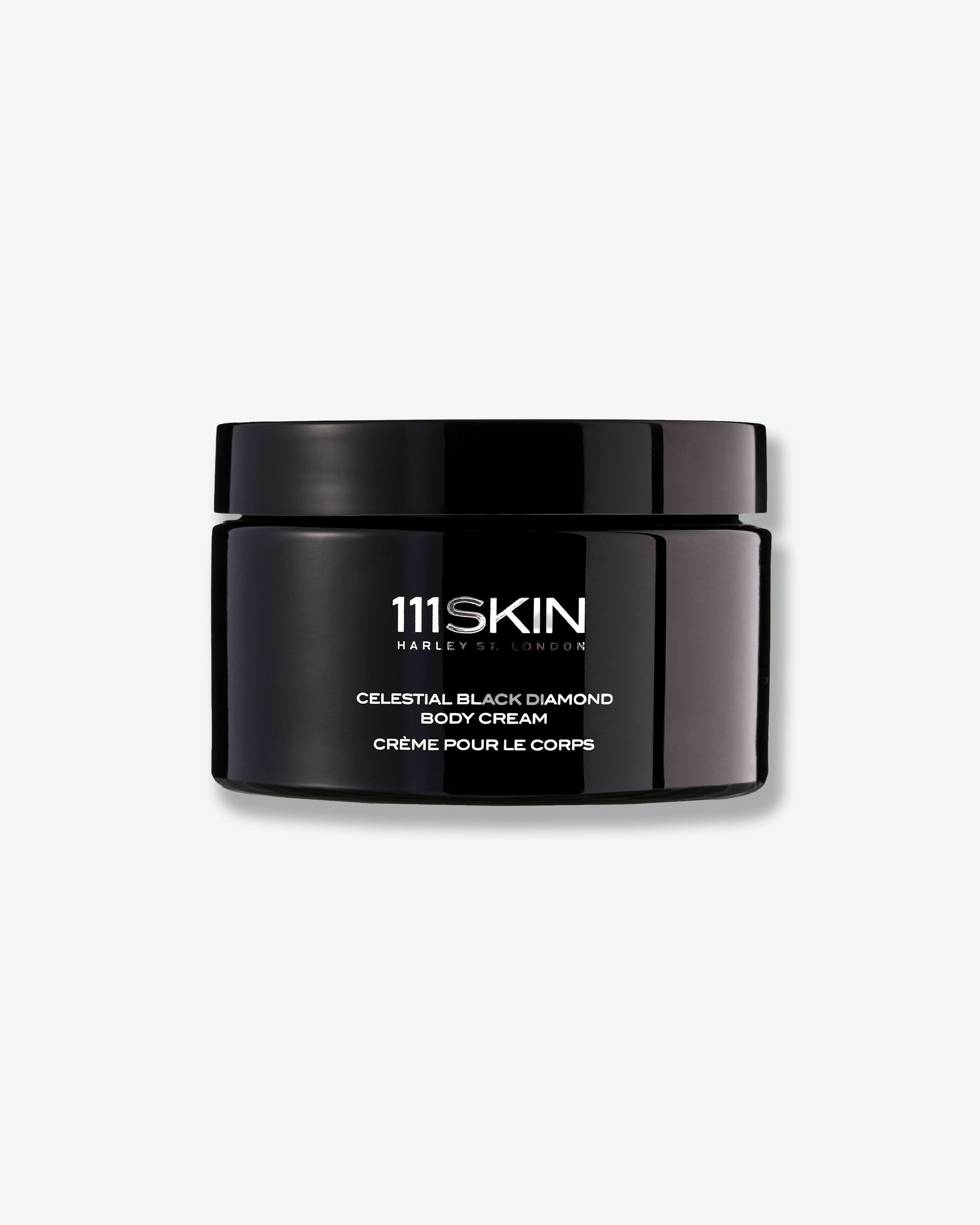 Black jar of 111SKIN Celestial Black Diamond Body Cream on a white background