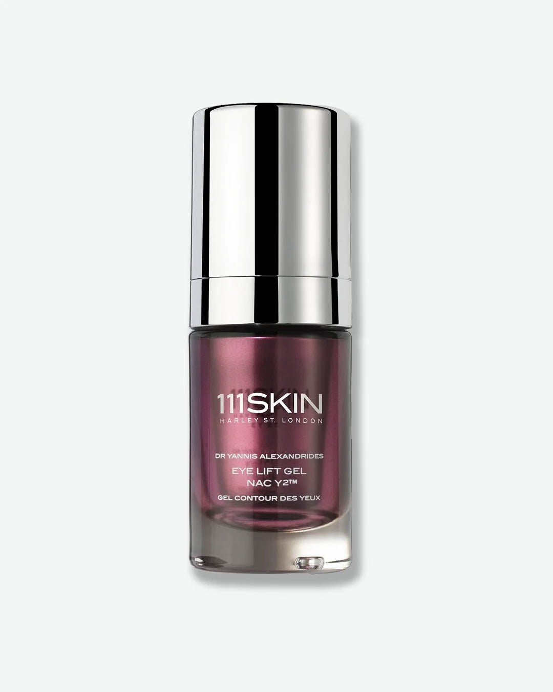 Metallic maroon bottle of 111SKIN eye lift gel with a silver cap on a white background