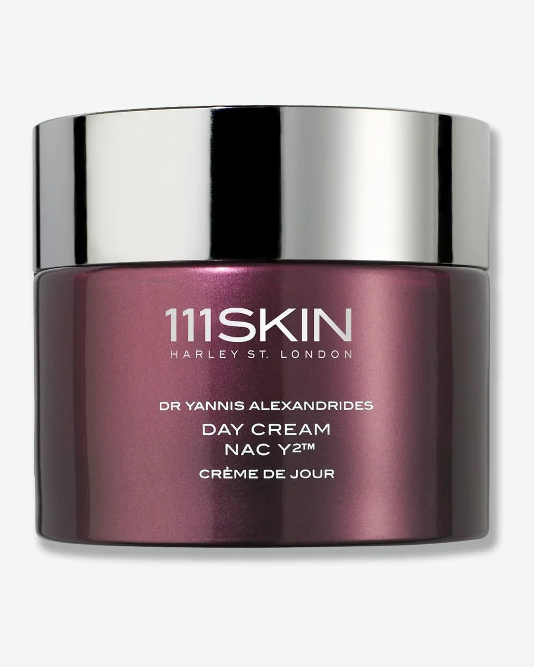Metallic maroon jar of 111SKIN day cream nacy2 with silver lid on a white background