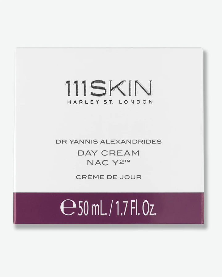 111SKIN day cream white box packaging with branding and product details on a white background