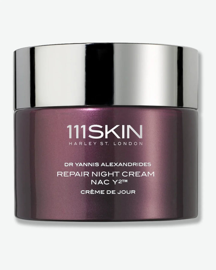 Metallic maroon jar of 111SKIN repair night cream with a silver lid on a white background