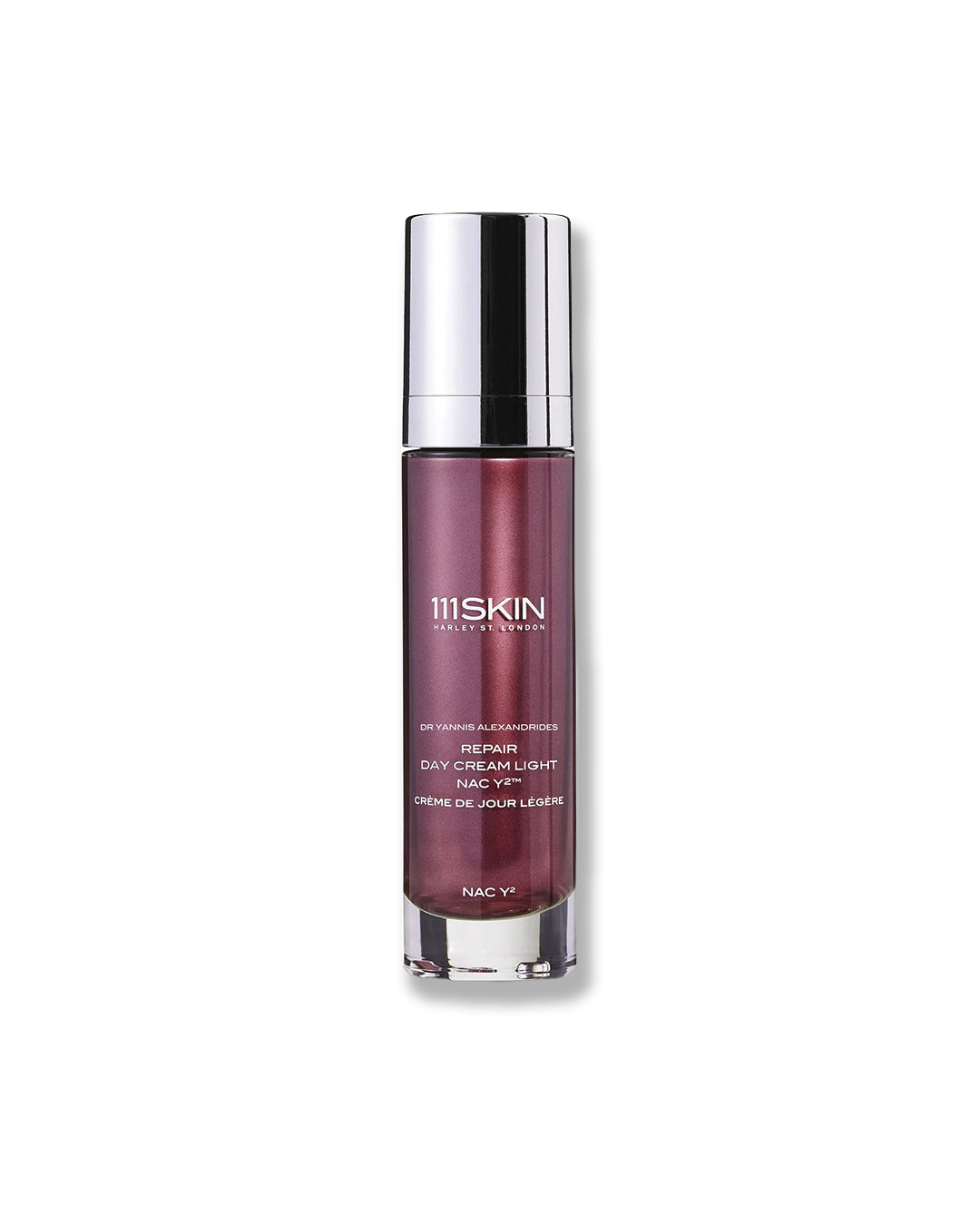 Metallic maroon bottle of 111Skin Repair Day Cream Light NAC Y2 with silver cap on a white background