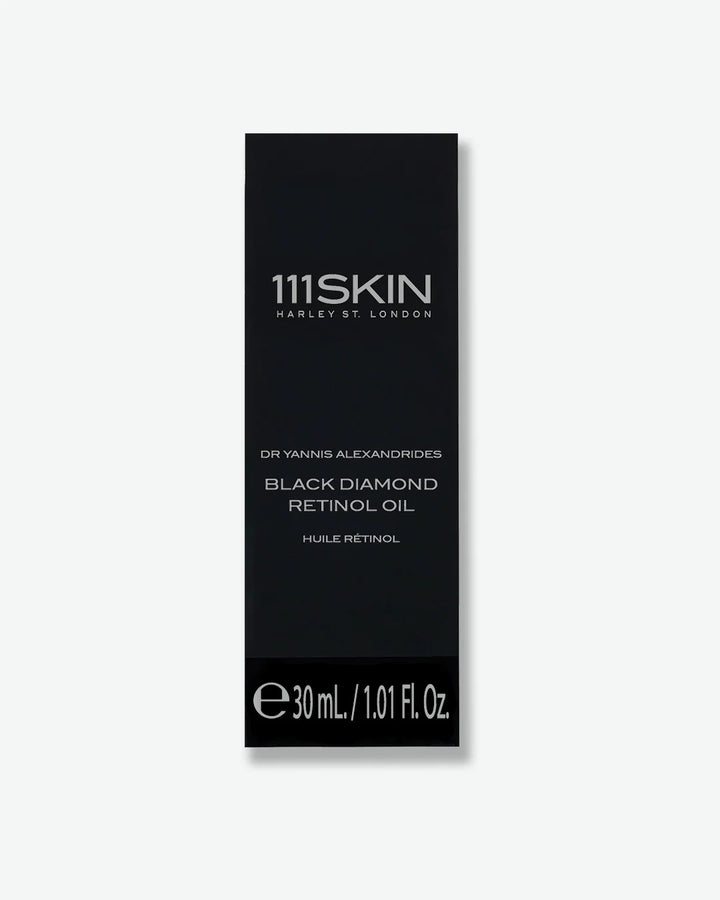 Black packaging box of 111SKIN Black Diamond Retinol Oil on a white background