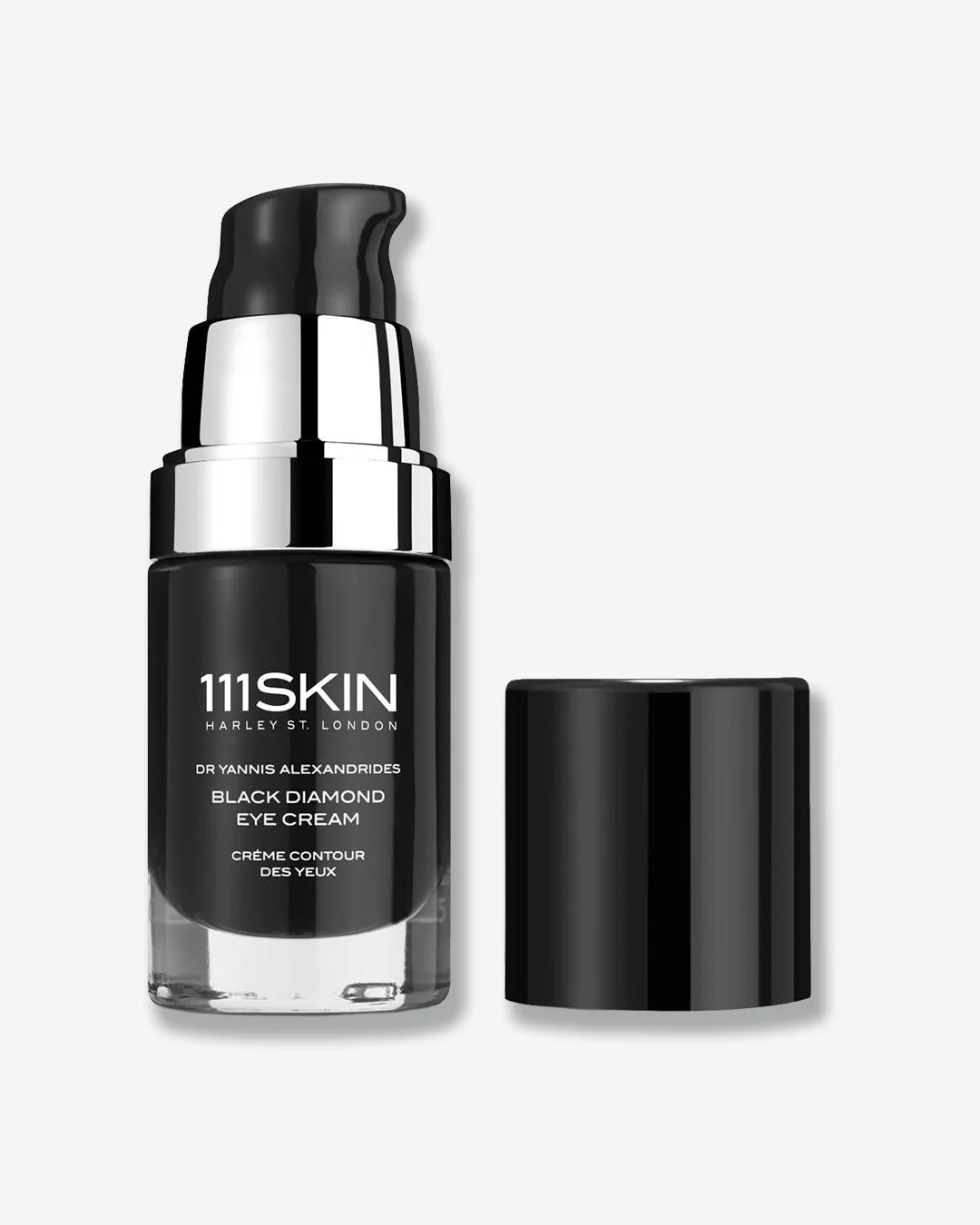 Black 111Skin Black Diamond eye cream bottle with a black pump nozzle and a black cap off on a white background