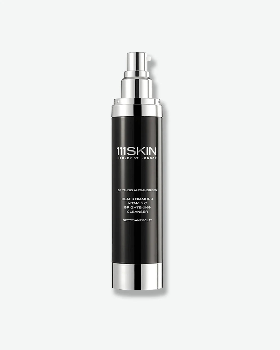 111SKIN Black Diamond Vitamin C Brightening Cleanser jar with silver pump nozzle, no cap on, centered against a white background