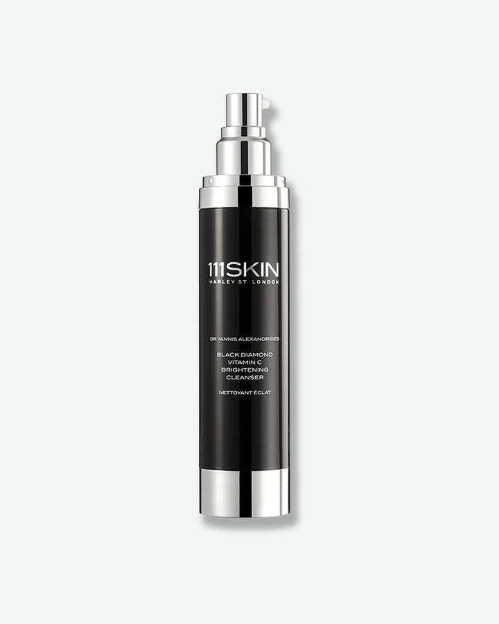 111SKIN Black Diamond Vitamin C Brightening Cleanser jar with silver pump nozzle, no cap on, centered against a white background