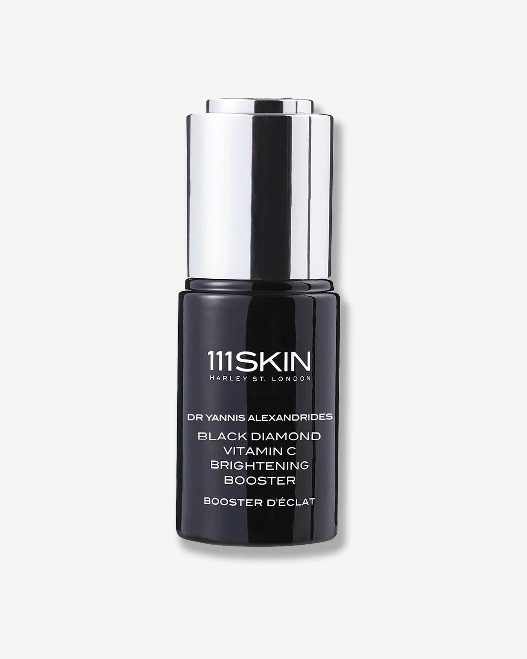 Black bottle of 111SKIN Black Diamond Vitamin C Brightening Booster with a silver cap on a white background