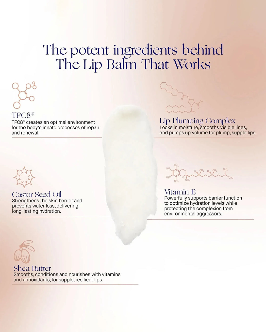 Lip balm with ingredients listed on a light pink background