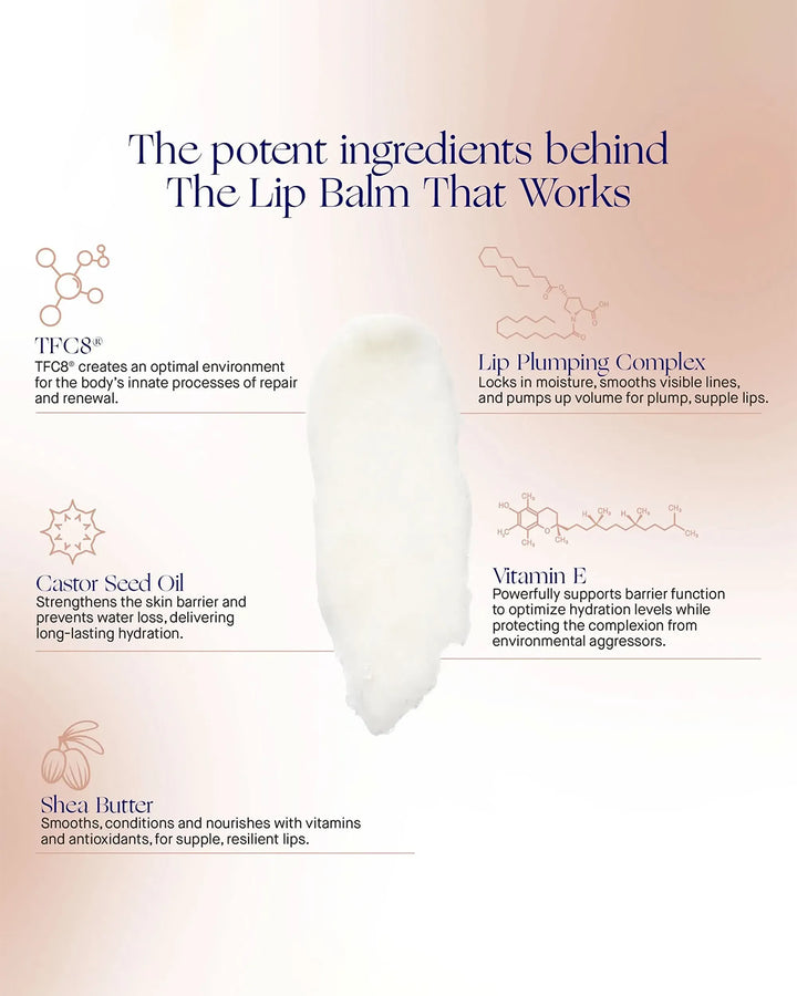 Lip balm with ingredients listed on a light pink background