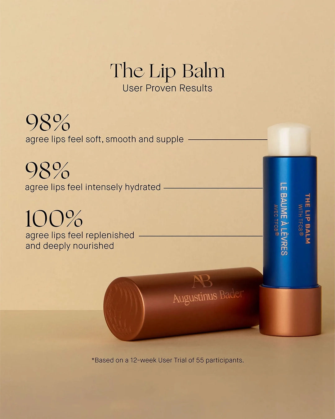 Two lip balms, one blue and one brown, with text on a beige background.