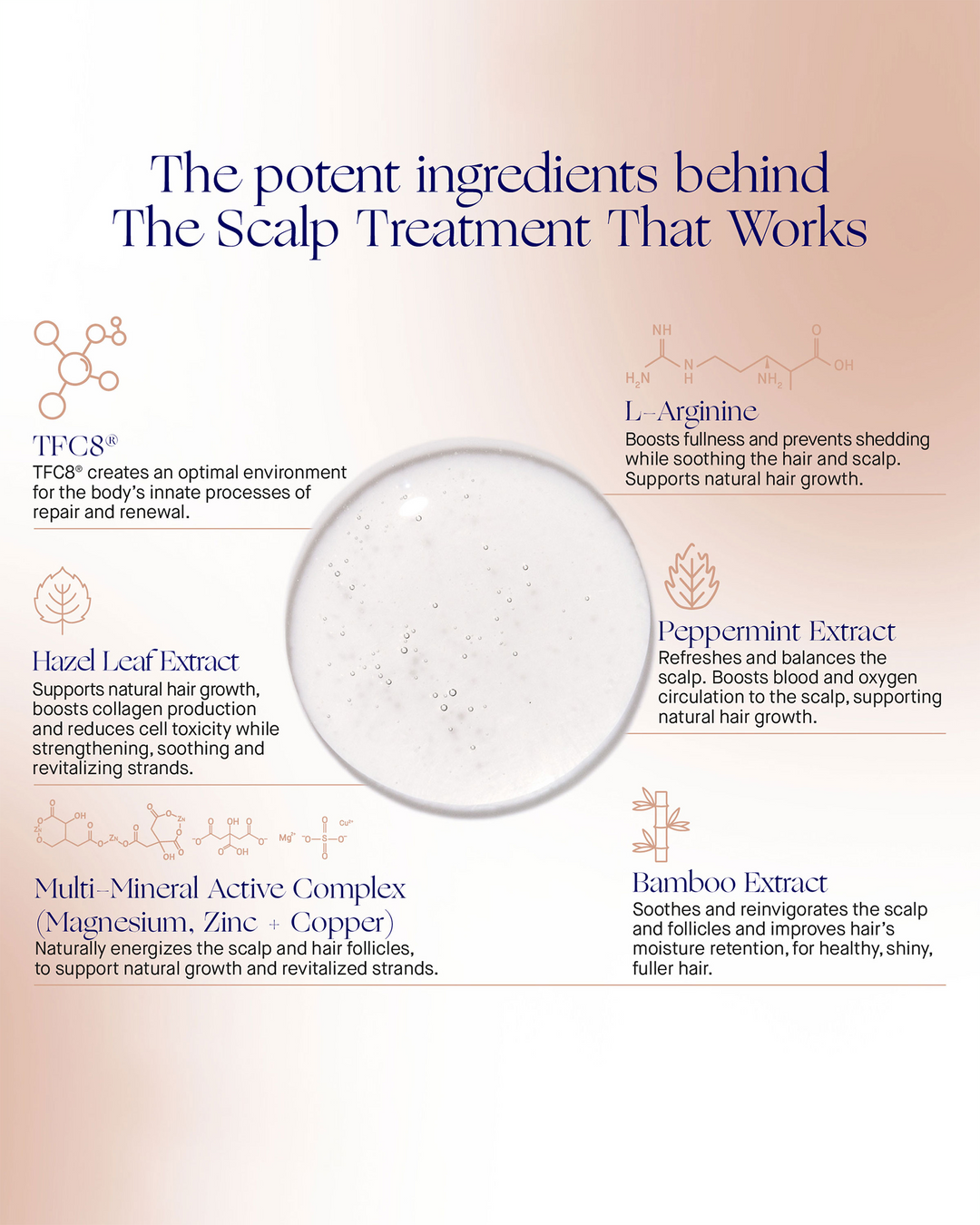 An informational infographic titled "The potent ingredients behind The Scalp Treatment That Works," detailing key active complexes like TFC8, L-Arginine, and Hazel Leaf Extract around a central liquid drop.