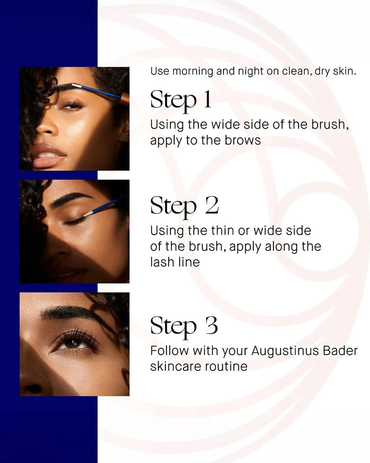 Instructions for using a cosmetic product with images of a woman's face and text on a blue and white background.