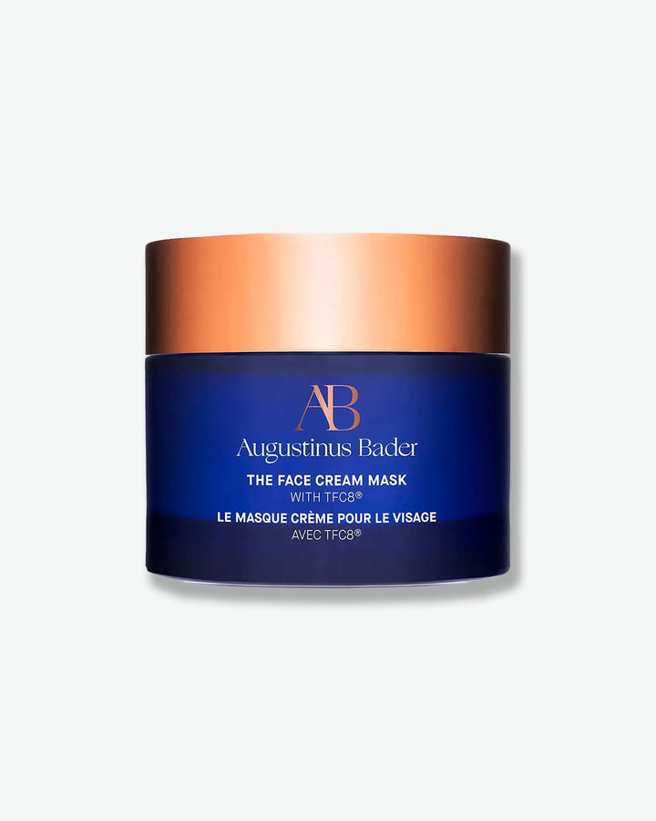 Augustinus Bader face cream mask jar with blue and bronze design on a white background