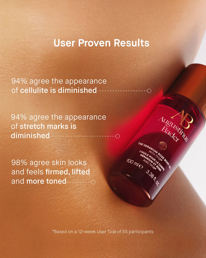 Red bottle of Augustinus Bader skincare product on a brown background with text about user proven results.
