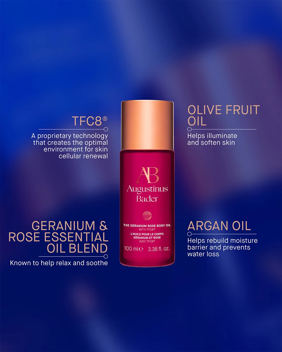Augustinus Bader oil bottle with olive fruit, argan, and geranium rose essential oils on a blue background