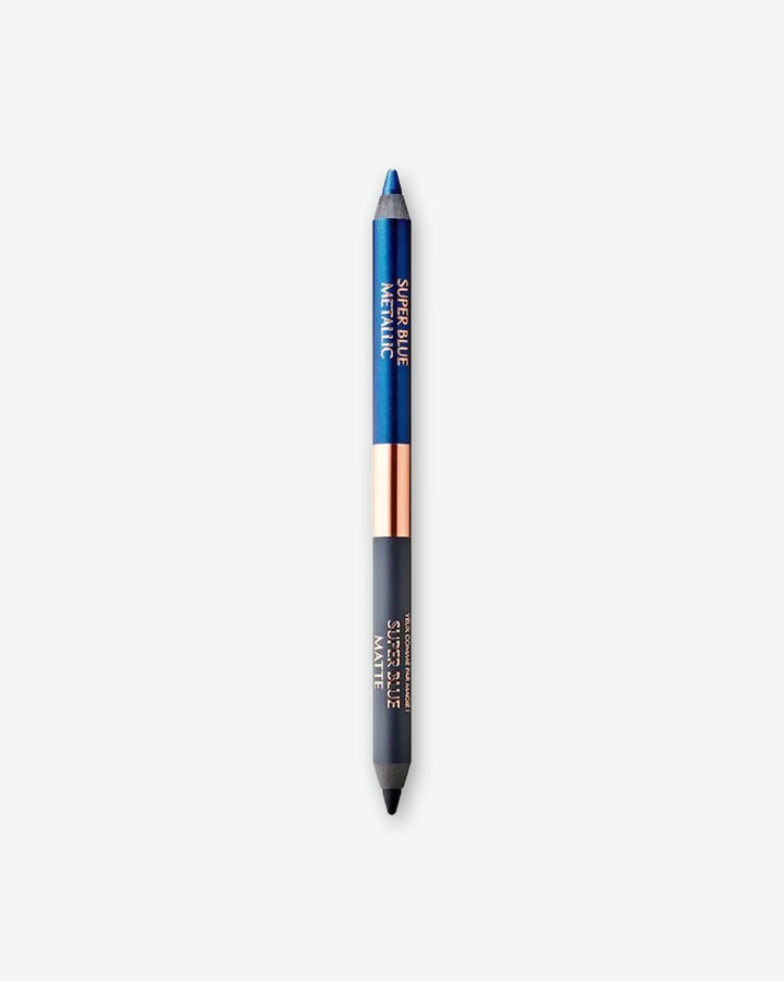 Dual-ended blue makeup pencil with a rose gold middle band on a white background