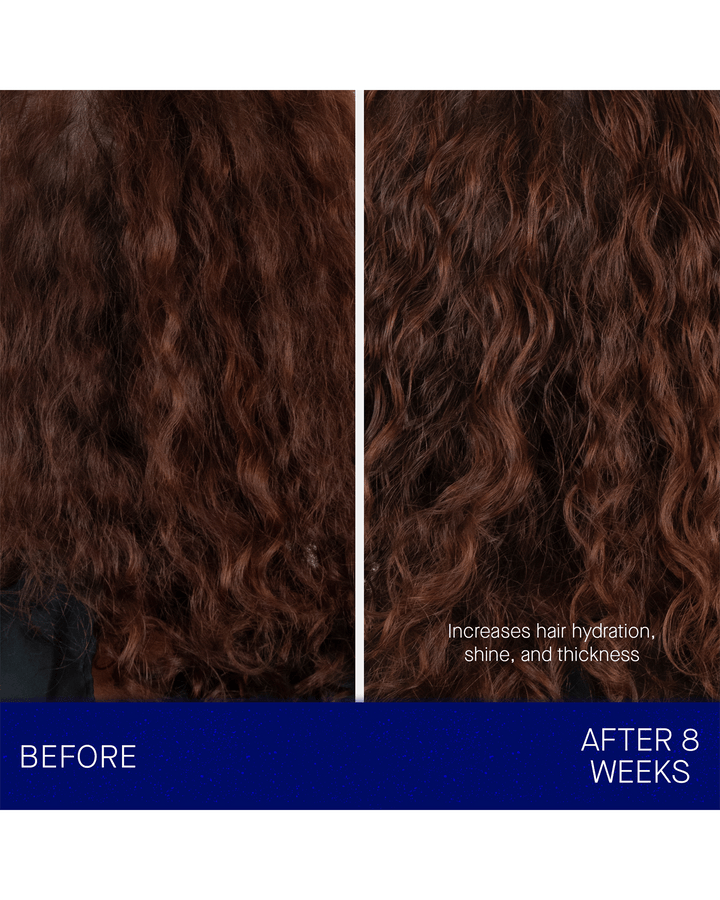A side-by-side comparison chart showing wavy brunette hair "Before" and "After 8 Weeks," with text stating it increases hair hydration, shine, and thickness.