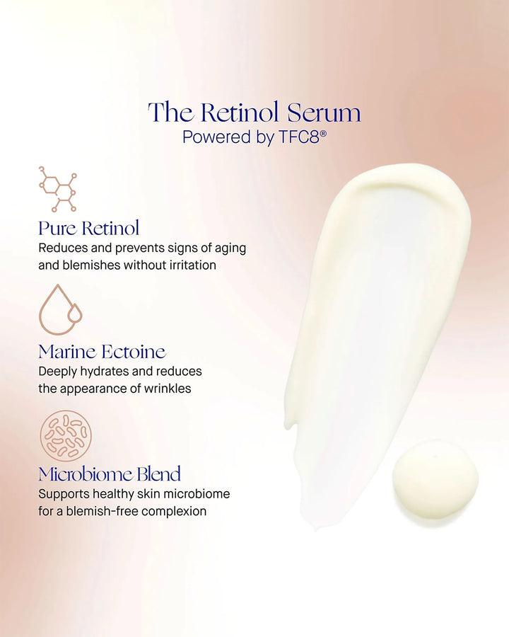 Retinol serum packaging with text detailing ingredients and benefits on a gradient background