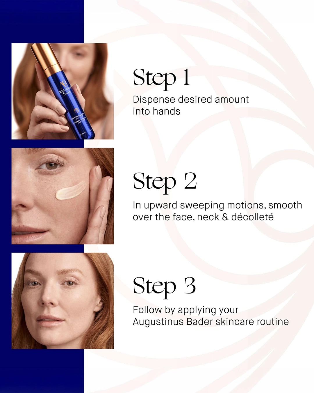 Step-by-step guide for using a skincare product with images of a woman applying it.