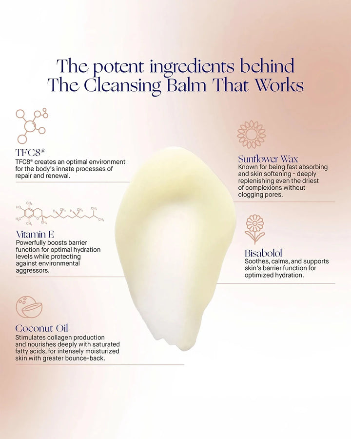 Cleansing balm with text detailing its potent ingredients on a soft pink background