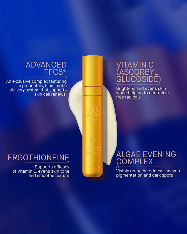 Gold skincare bottle with text detailing ingredients on a blue gradient background