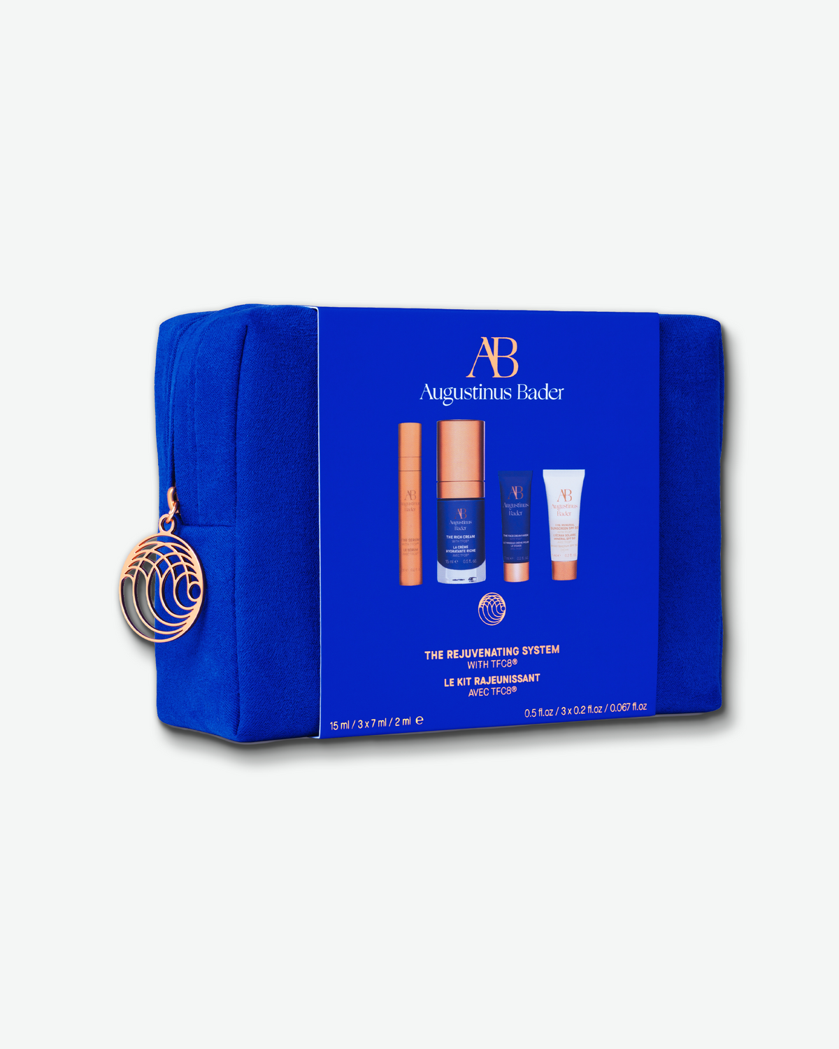 Augustinus Bader The Rejuvenating System presented in its blue travel case with product imagery on the front.