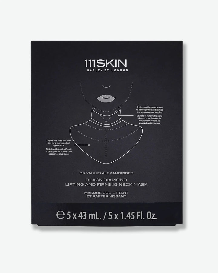 A black packaging box of 111SKIN Celestial Black Diamond Lifting and Firming Treatment Mask marked as 5 per box on a white background