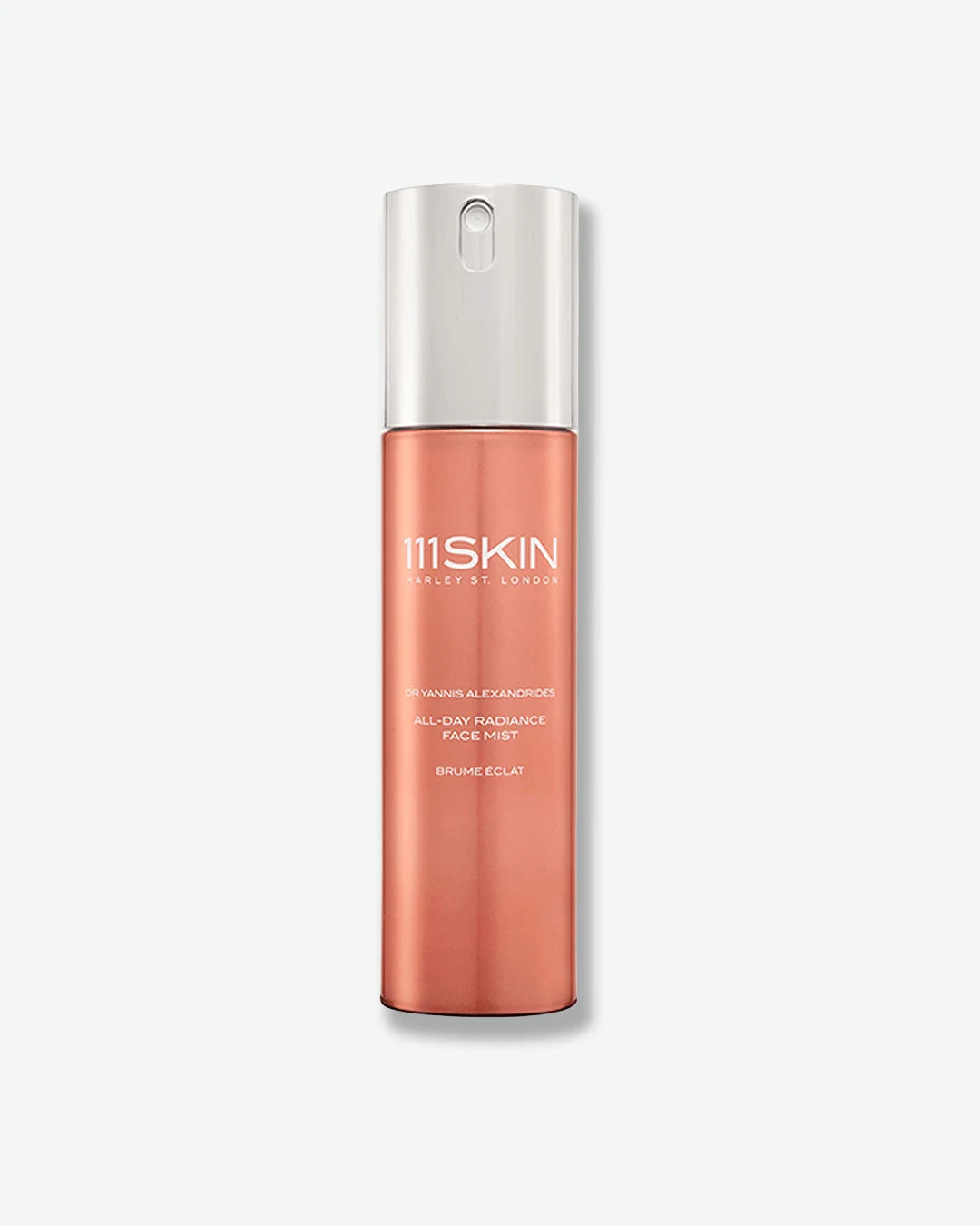 Rose Gold 111Skin All-Day Radiance Face Mist bottle with silver cap on a white background