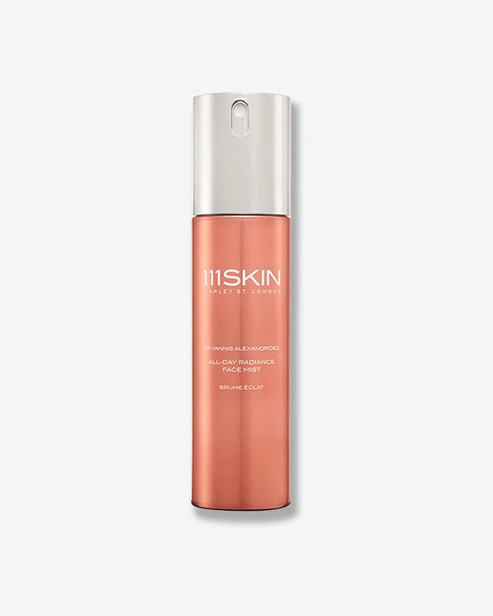 Rose Gold 111Skin All-Day Radiance Face Mist bottle with silver cap on a white background