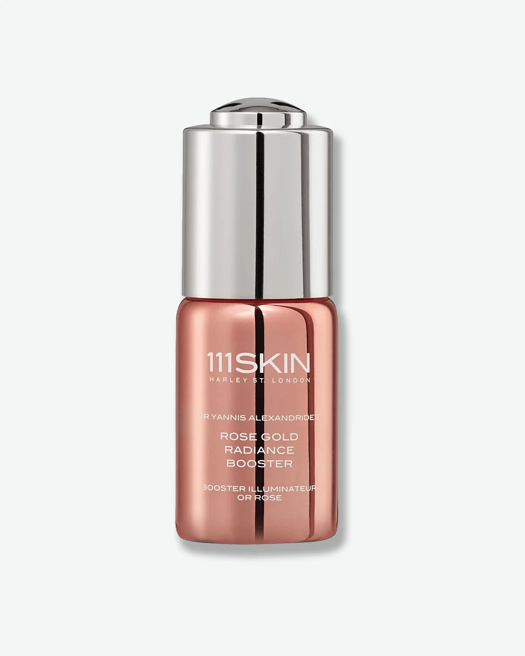 Rose gold bottle of 111Skin rose gold radiance Booster with silver cap on a white background