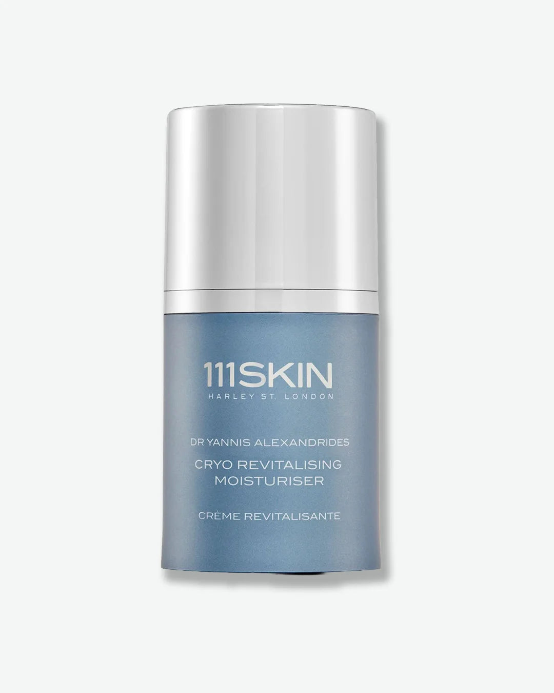 Light blue bottle of 111SKIN Cryo Revitalizing Moisturizer with a silver cap on a white background