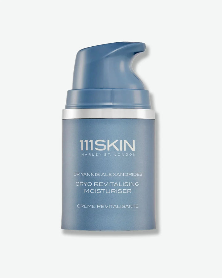 Light blue bottle of 111SKIN Cryo Revitalizing Moisturizer with cap off and a light blue pump nozzle on a white background