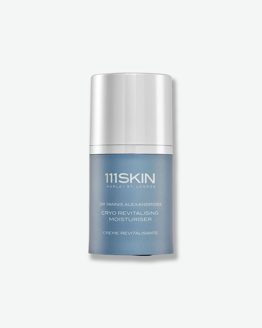 Front view of a 111SKIN Cryo Revitalising Moisturiser container against a plain gray background. The sleek, cylindrical bottle features a matte, steel-blue metallic finish with silver printed text branding and is capped with a tall, matching silver metallic cylindrical over-cap.