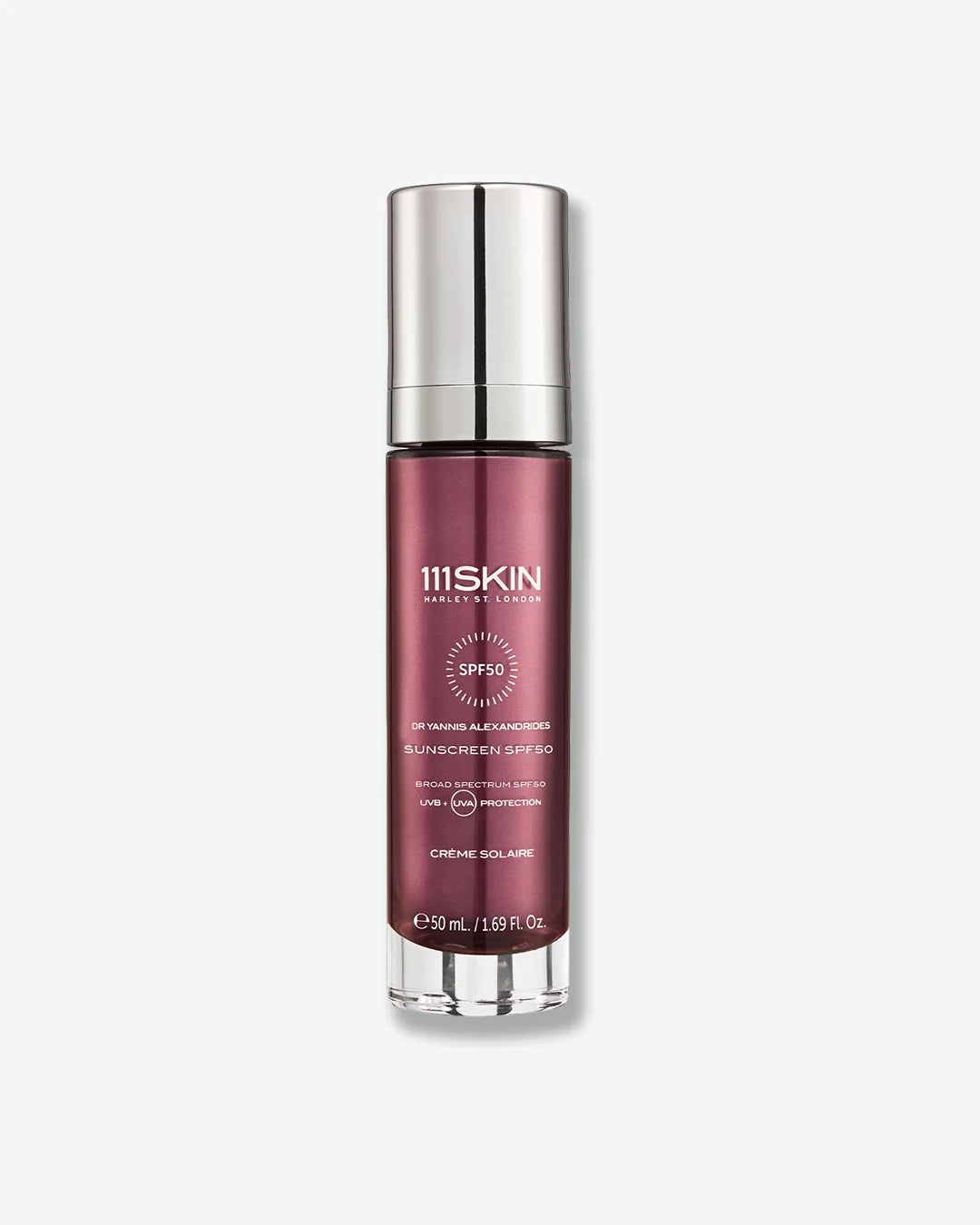 Metallic maroon bottle of 111SKIN Sunscreen spf 60 with silver cap on a white background