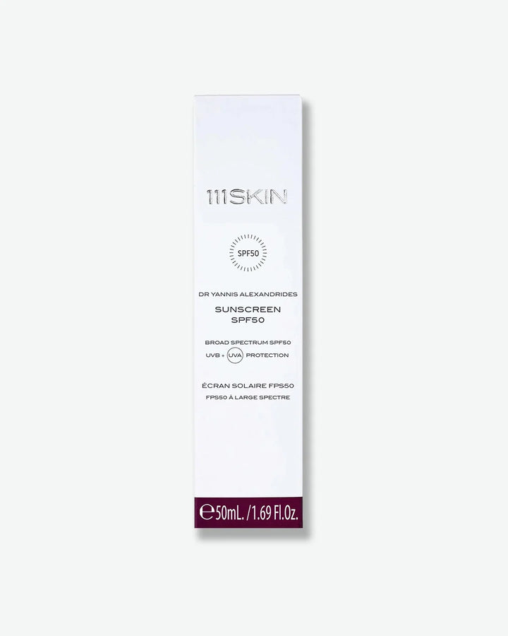 White 111SKIN sunscreen packaging box on a white background
