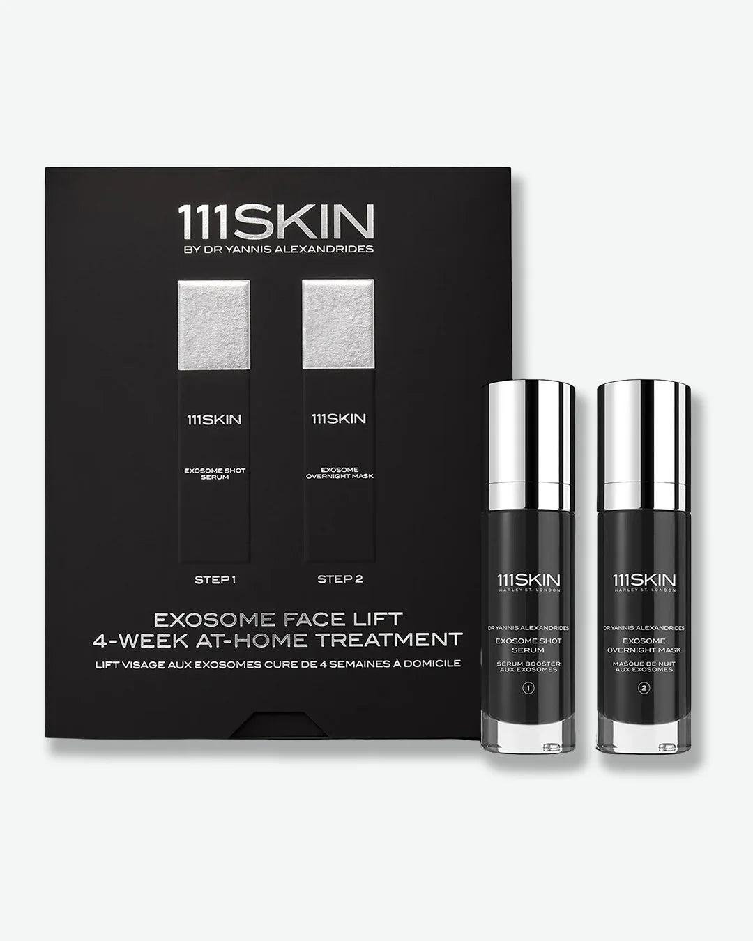 One bottle of 111Skin Exosome Shot Serum with silver cap and one bottle of 111Skin Exosome Overnight Mask with silver cap stood next to a black packaging box on a white background