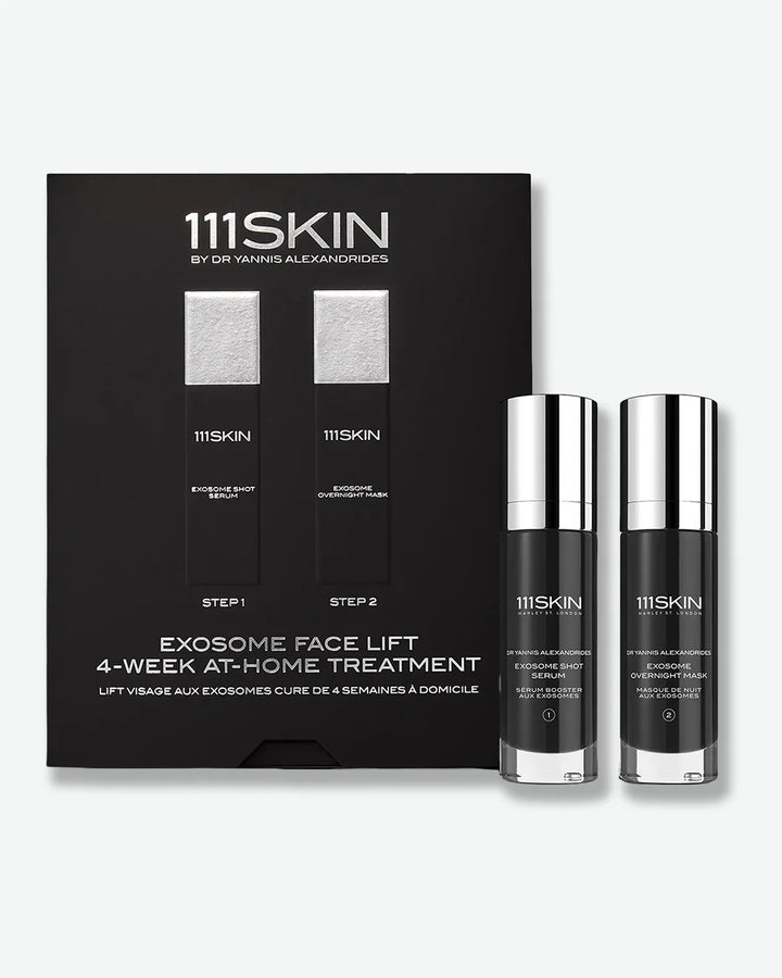 One bottle of 111Skin Exosome Shot Serum with silver cap and one bottle of 111Skin Exosome Overnight Mask with silver cap stood next to a black packaging box on a white background