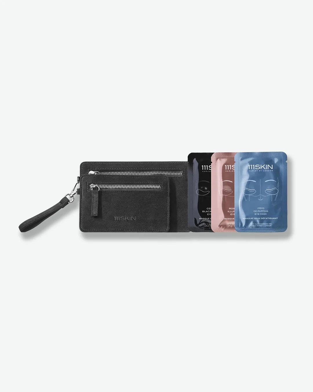 Black wallet with a strap on a white background, featuring 3 111skin face masks - one blue, pink, and black.