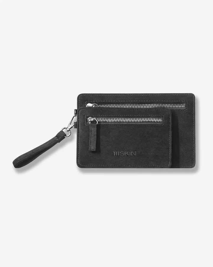 Black wallet with a strap and two zippers on a white background
