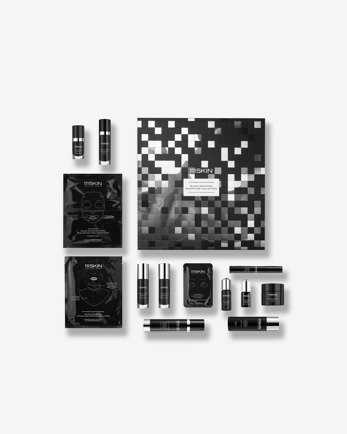 111SKIN Black Diamond Signature Collection featuring advanced anti-aging skincare, eye care, masks, and treatment products in sleek black packaging.
