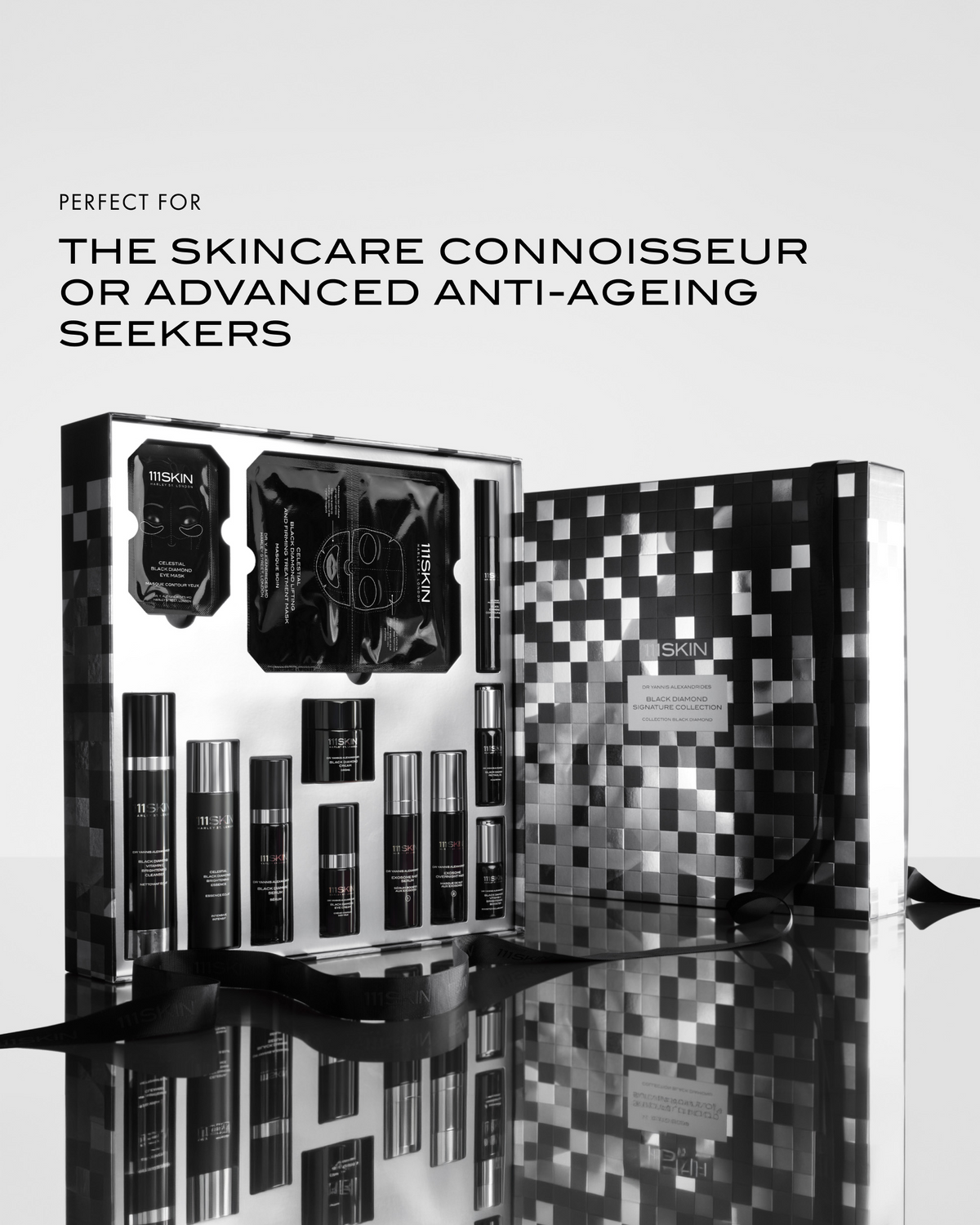 111SKIN Black Diamond Signature Collection presented in a luxury black-and-silver gift box, designed for advanced anti-aging skincare.