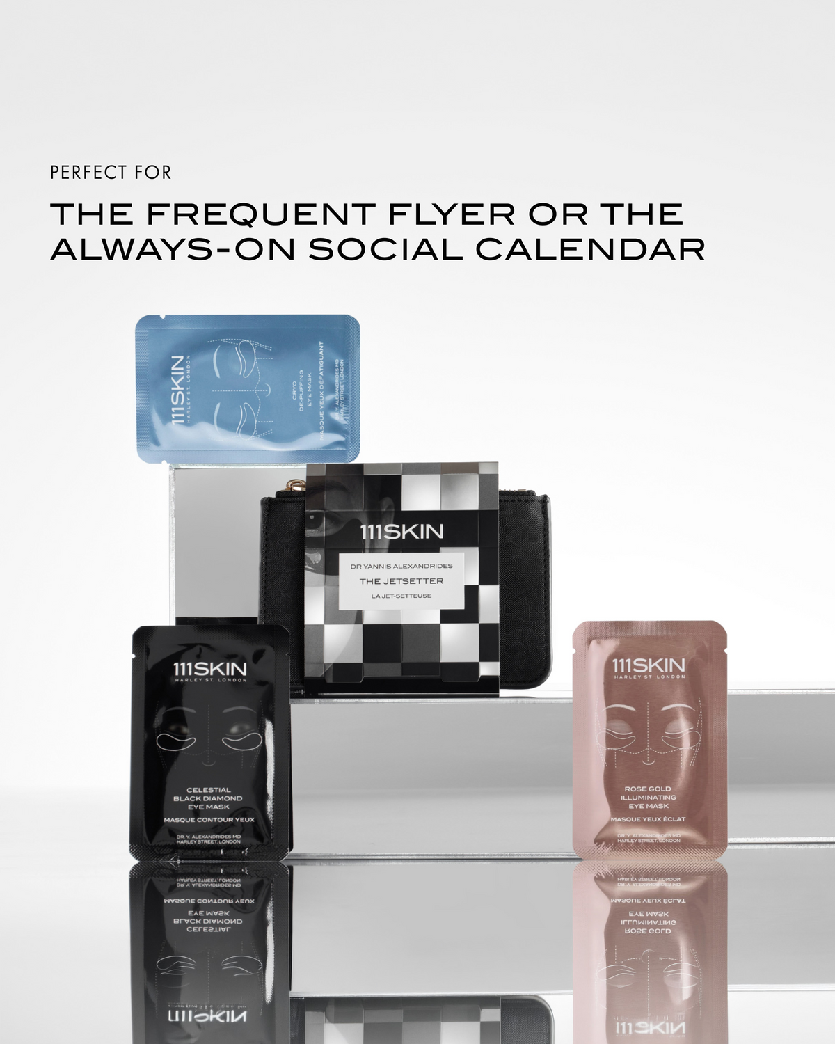 111SKIN The Jetsetter eye mask set displayed with three targeted treatments, designed for travel and busy schedules.