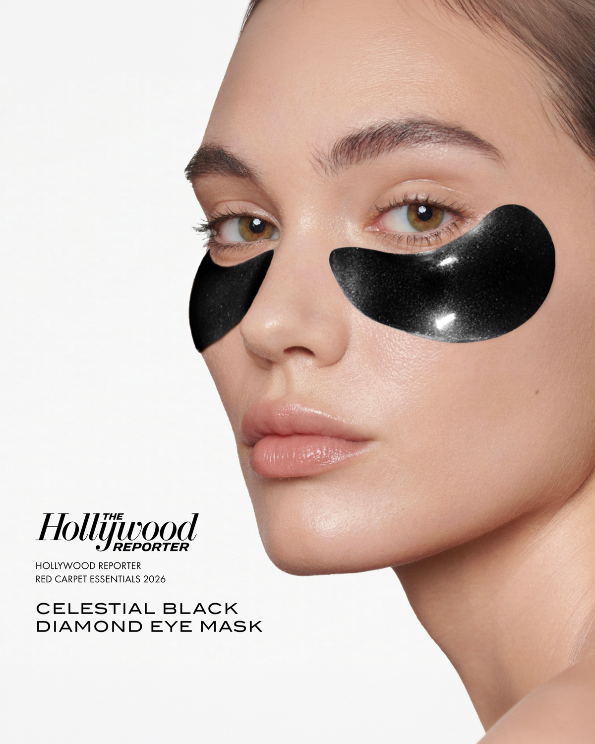 Model wearing 111SKIN Celestial Black Diamond Eye Masks, highlighted as a red carpet essential by The Hollywood Reporter.