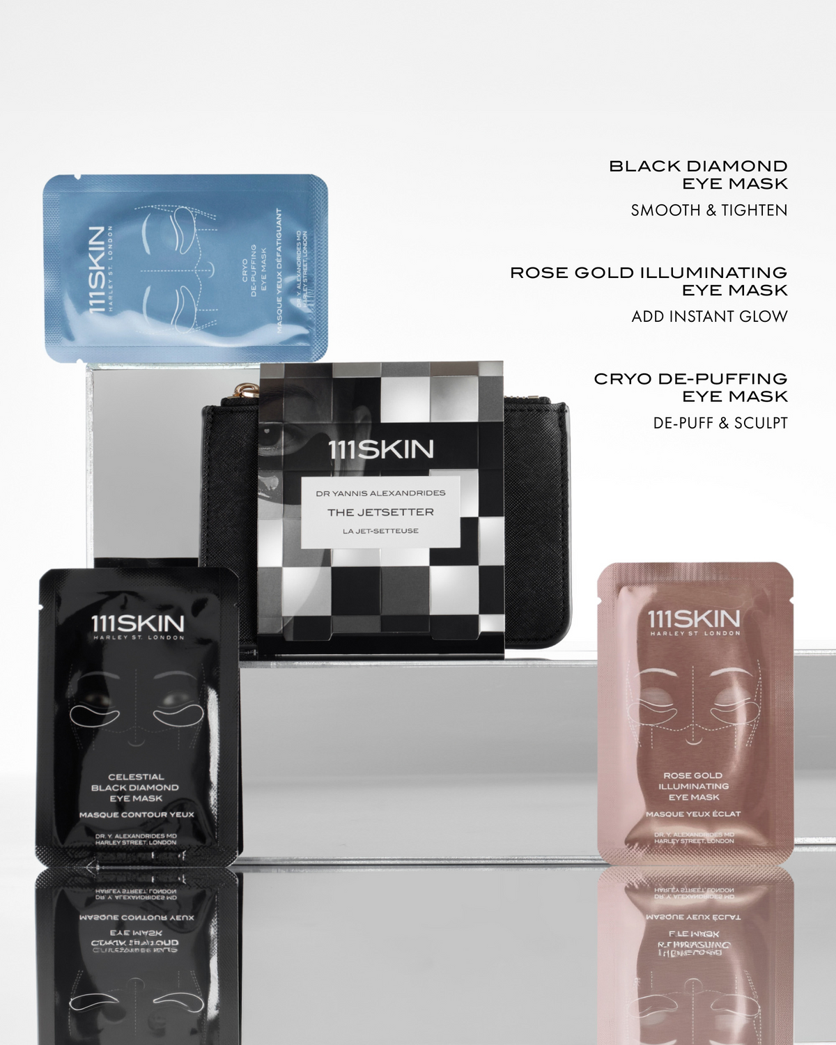 111SKIN The Jetsetter set with Black Diamond, Rose Gold Illuminating, and Cryo De-Puffing Eye Masks displayed with the travel pouch.