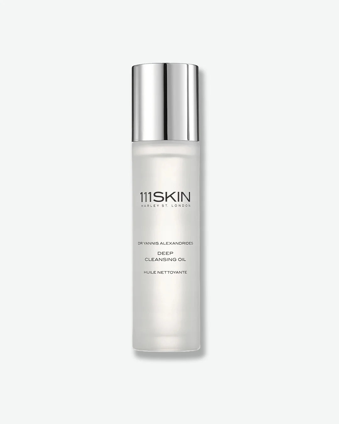 Opaque white bottle of 111SKIN Deep Cleansing Oil with a silver cap on a white background