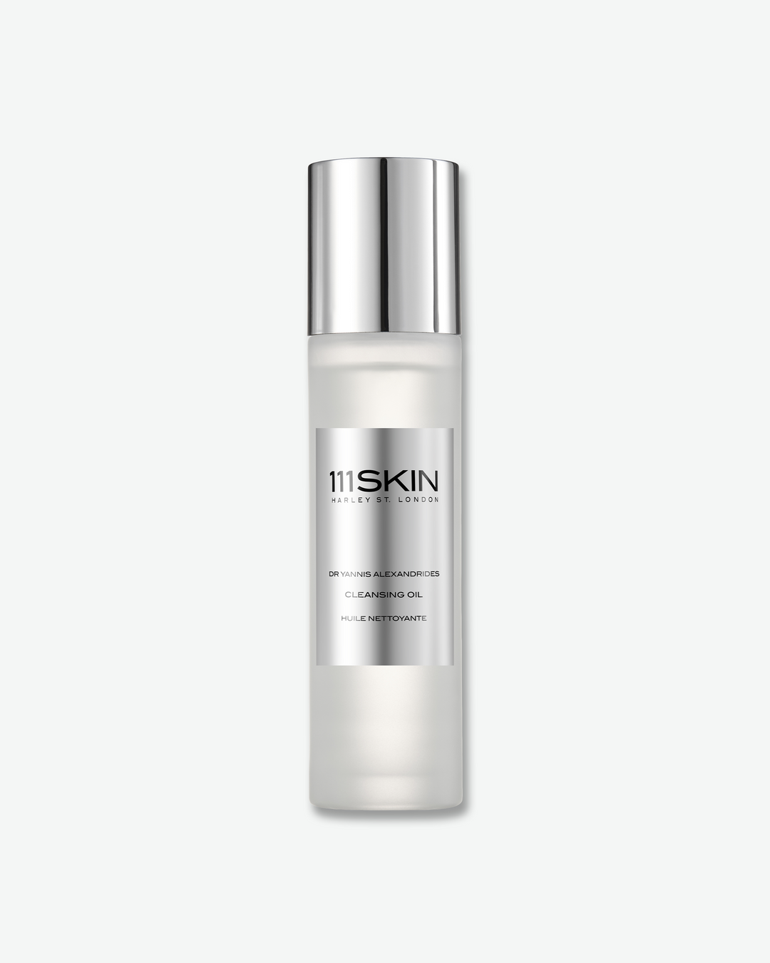 A frosted glass bottle with a metallic silver cap and label for 111SKIN Cleansing Oil.